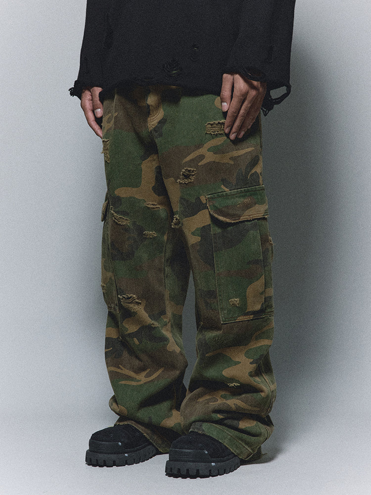 ANTIDOTE Camouflage Washed Hole Baggy Cargo Pants
