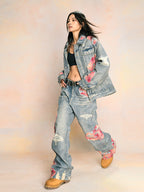 YADcrew Evening Lace Printed Patchwork Denim Jacket