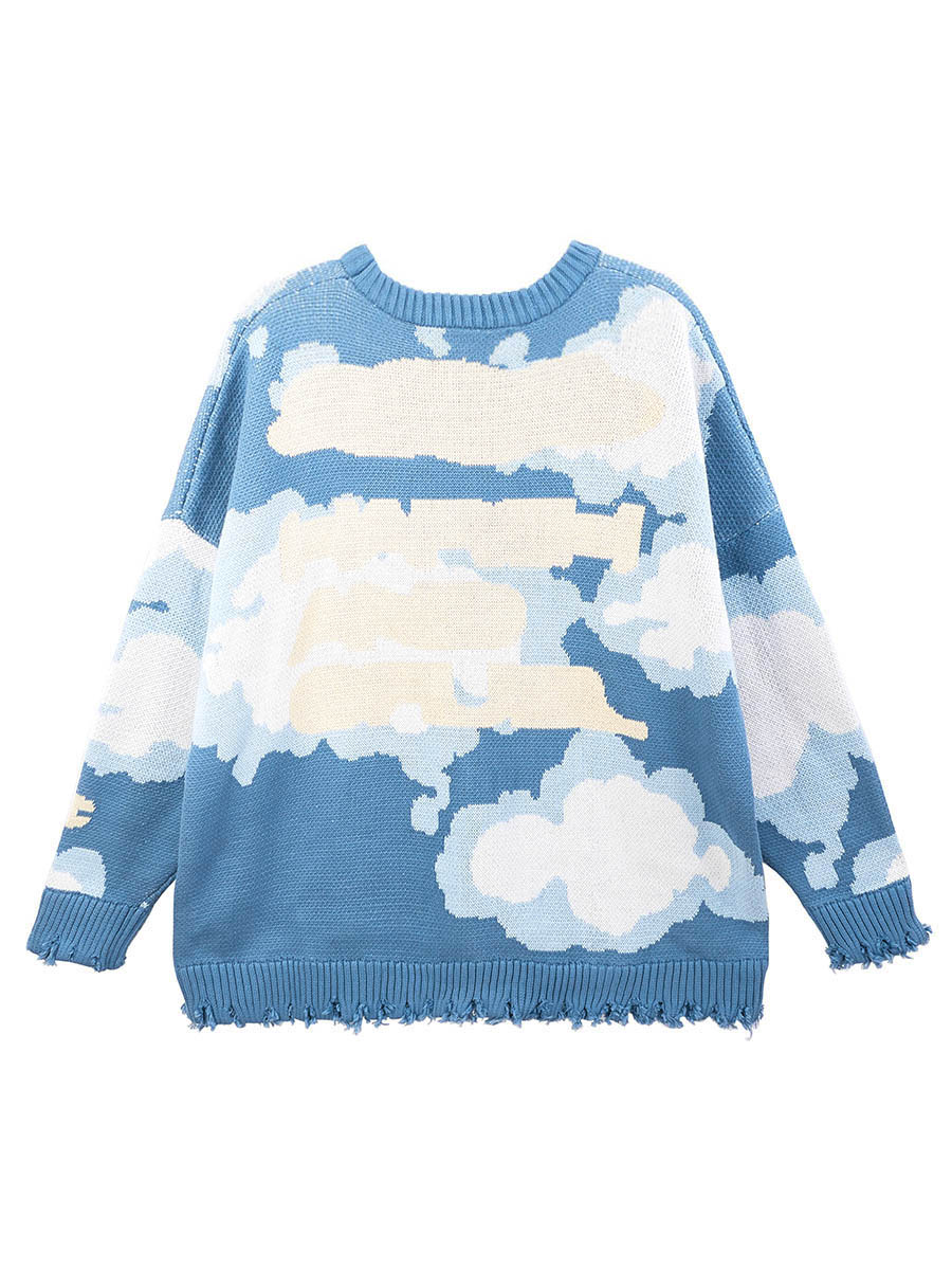 Harsh and Cruel Blue Sky Cloud Ripped Knit Sweater