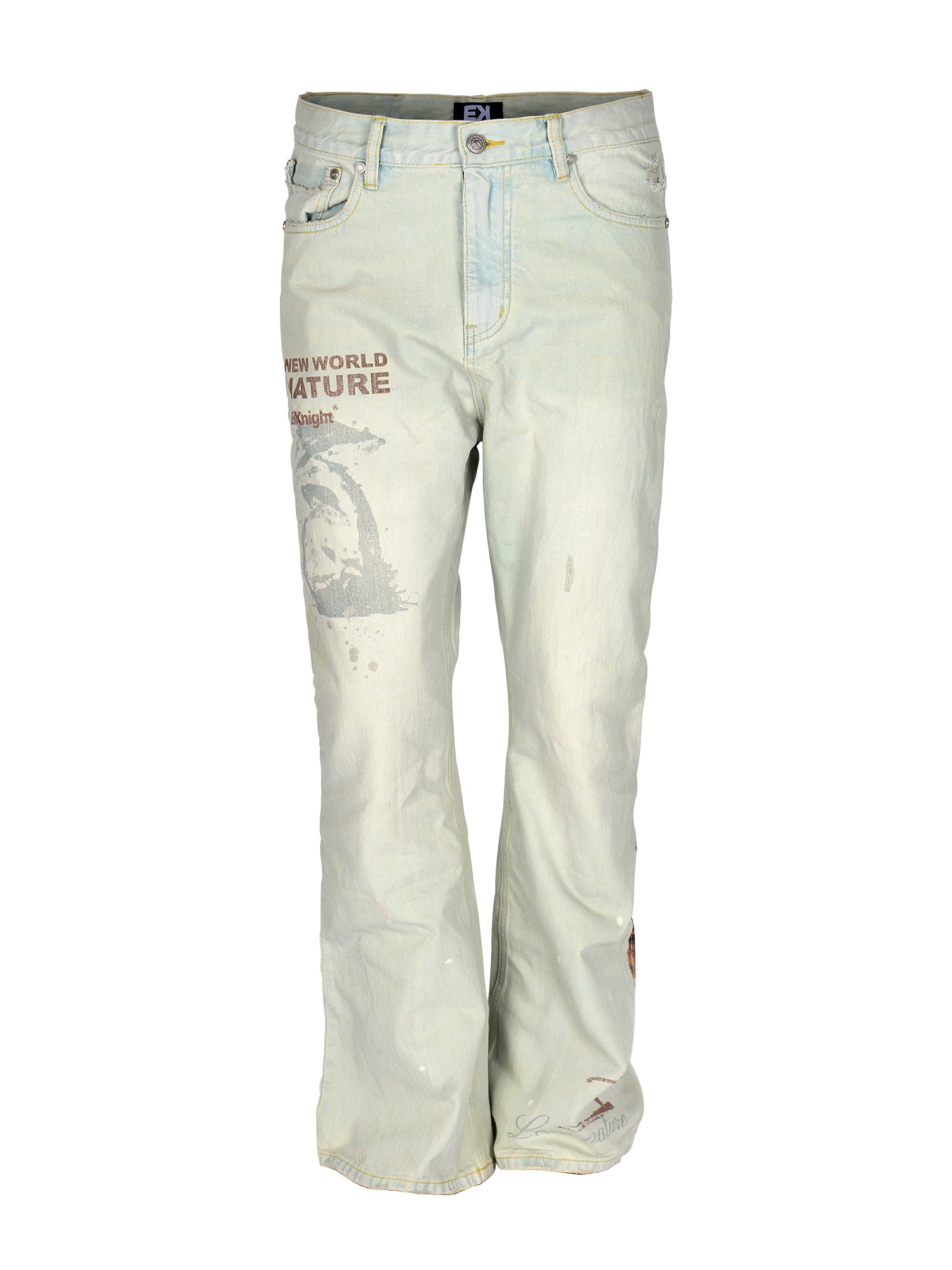 EVILKNIGHT(EK) Digital Print Butterfly Embroidery Denim Flare Pants