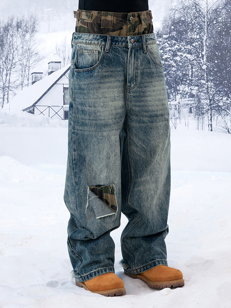 YADcrew Camouflage Splicing Double Waistband Baggy Jeans