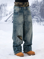 YADcrew Camouflage Splicing Double Waistband Baggy Jeans