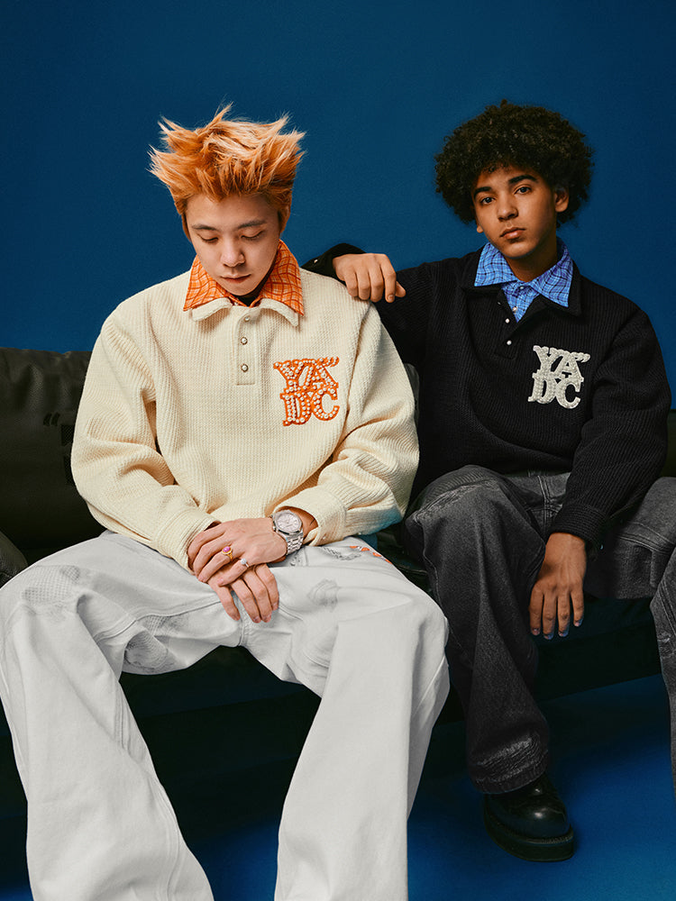 YADcrew Pearl Logo Double Collar Polo Knit Sweater