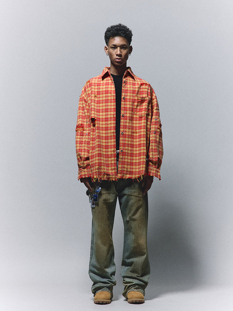 ANTIDOTE Destroyed Studded Plaid Long Sleeve Shirt