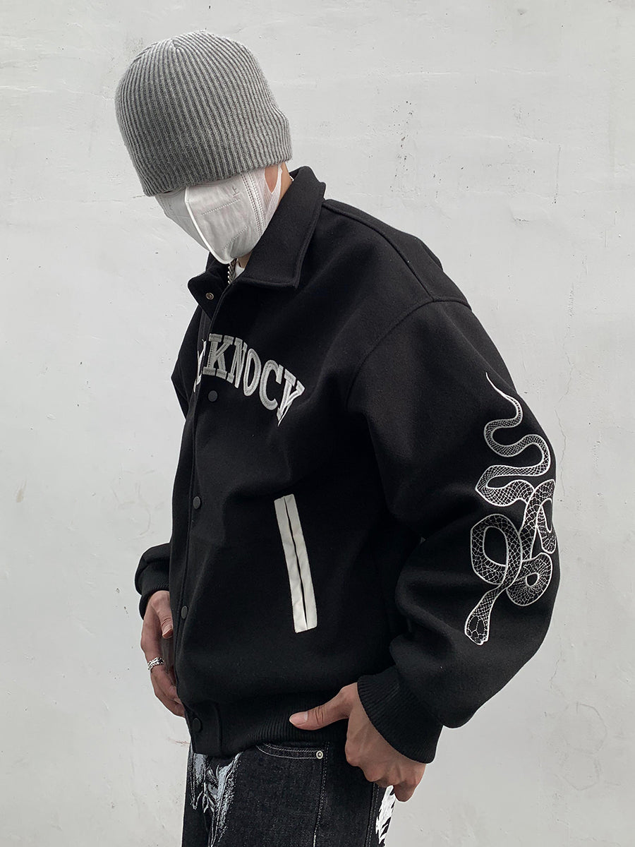 Knock Knock Embroidered Varsity Jacket