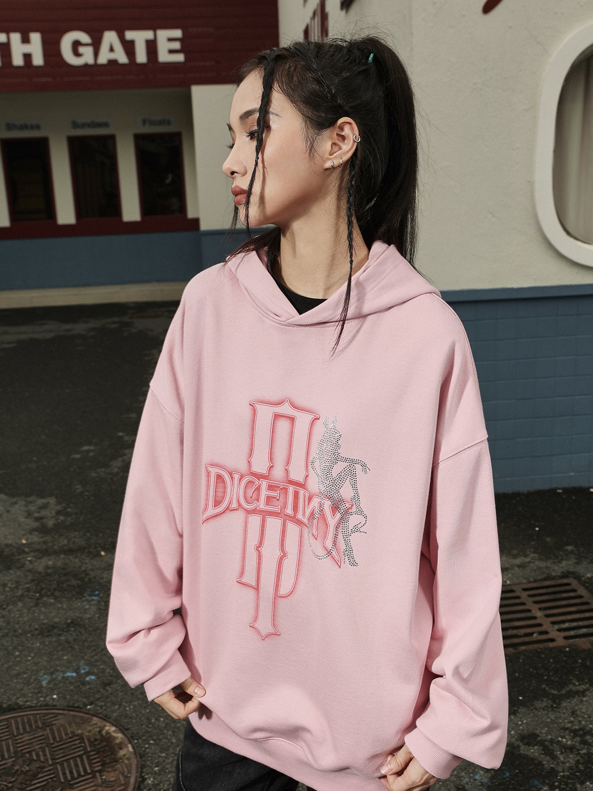 DICETINY Bunny Girl Pattern Rhinestone Hoodie