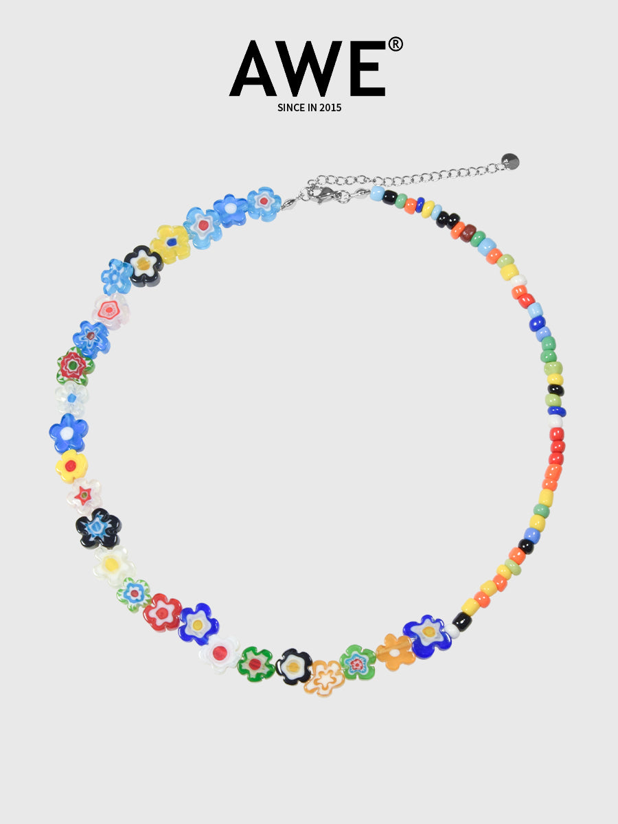 AWE Glass Flower Color Beaded Necklace