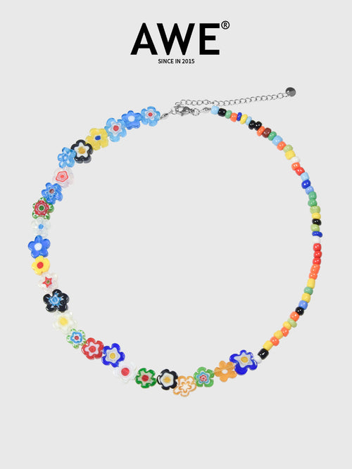 AWE Glass Flower Color Beaded Necklace