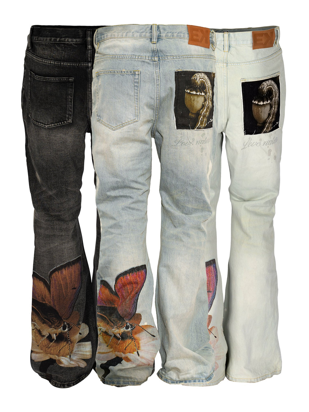 EVILKNIGHT(EK) Digital Print Butterfly Embroidery Denim Flare Pants