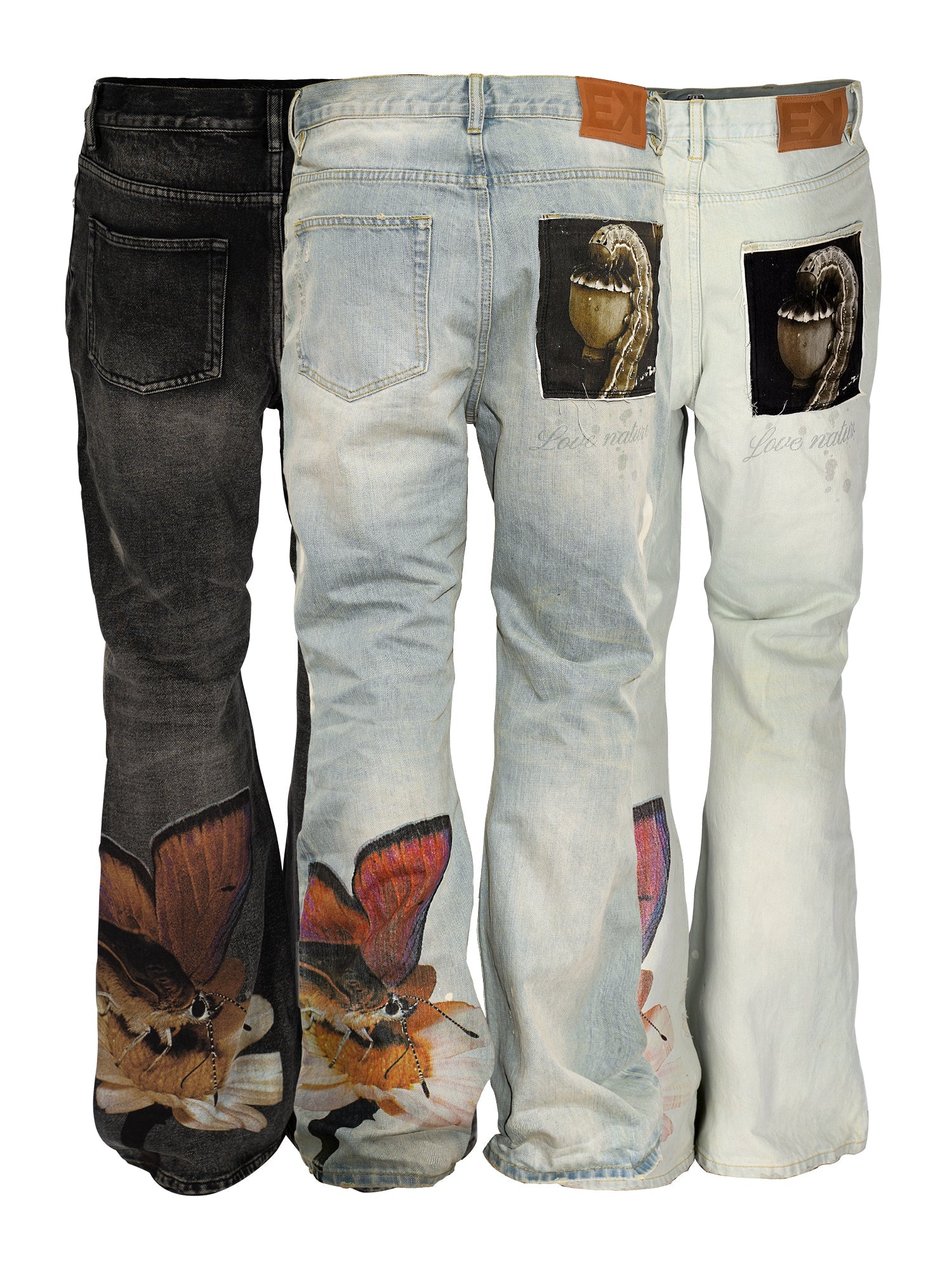 EVILKNIGHT(EK) Digital Print Butterfly Embroidery Denim Flare Pants