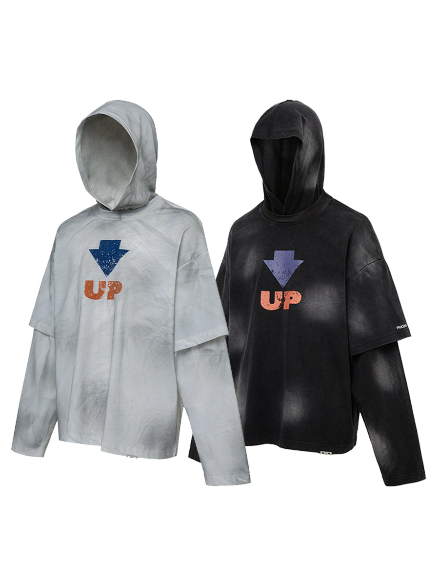 F2CE Dirty Dye Printed Fake Two-Piece Layering Hoodie