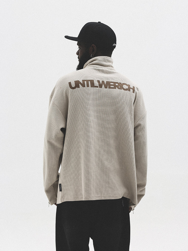 UNTILWERICH Waffle Logo Print Half Zip Long Sleeves Sweatshirt