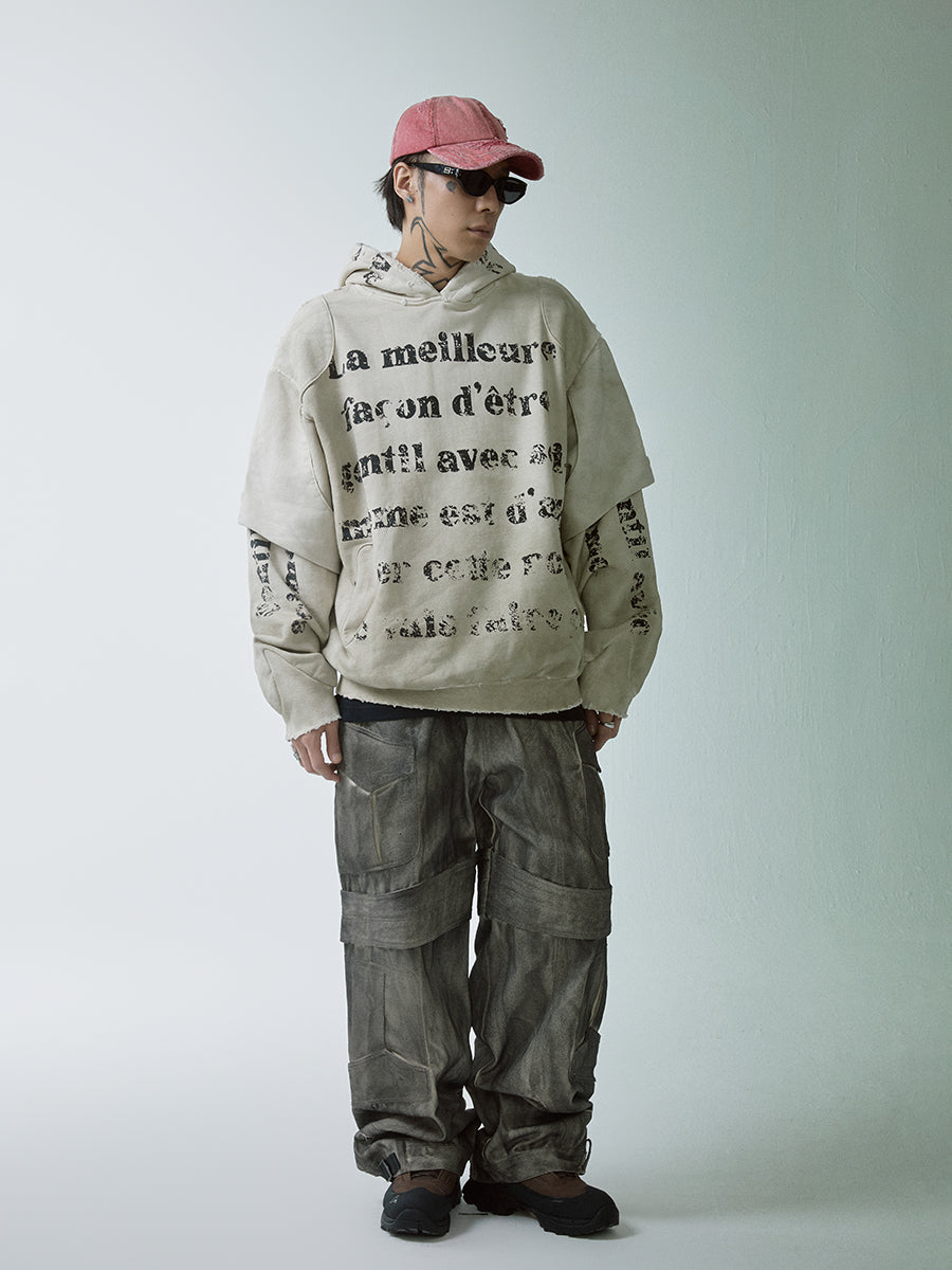 F2CE Dirty Dye Double Layer Printed Hoodie