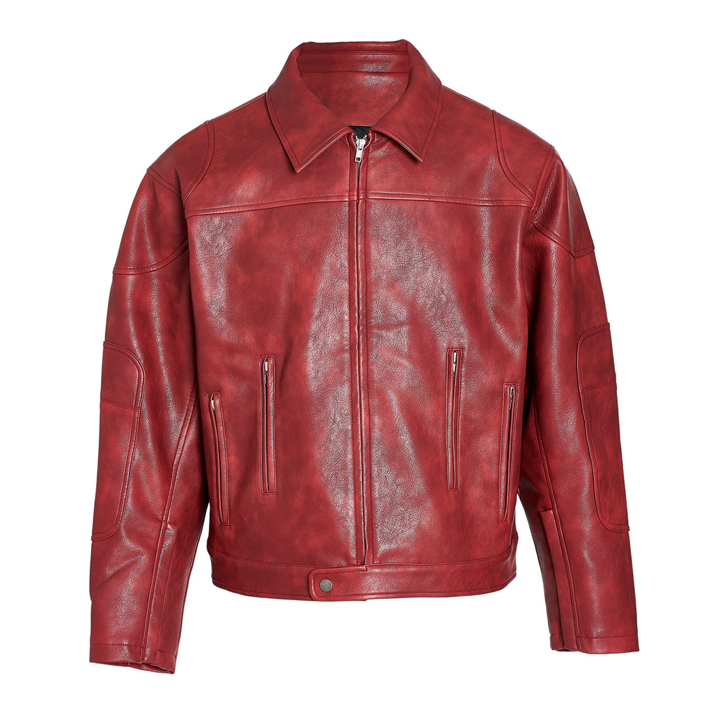 STEEPC Aged Washed Burgundy Red Short Leather Jacket