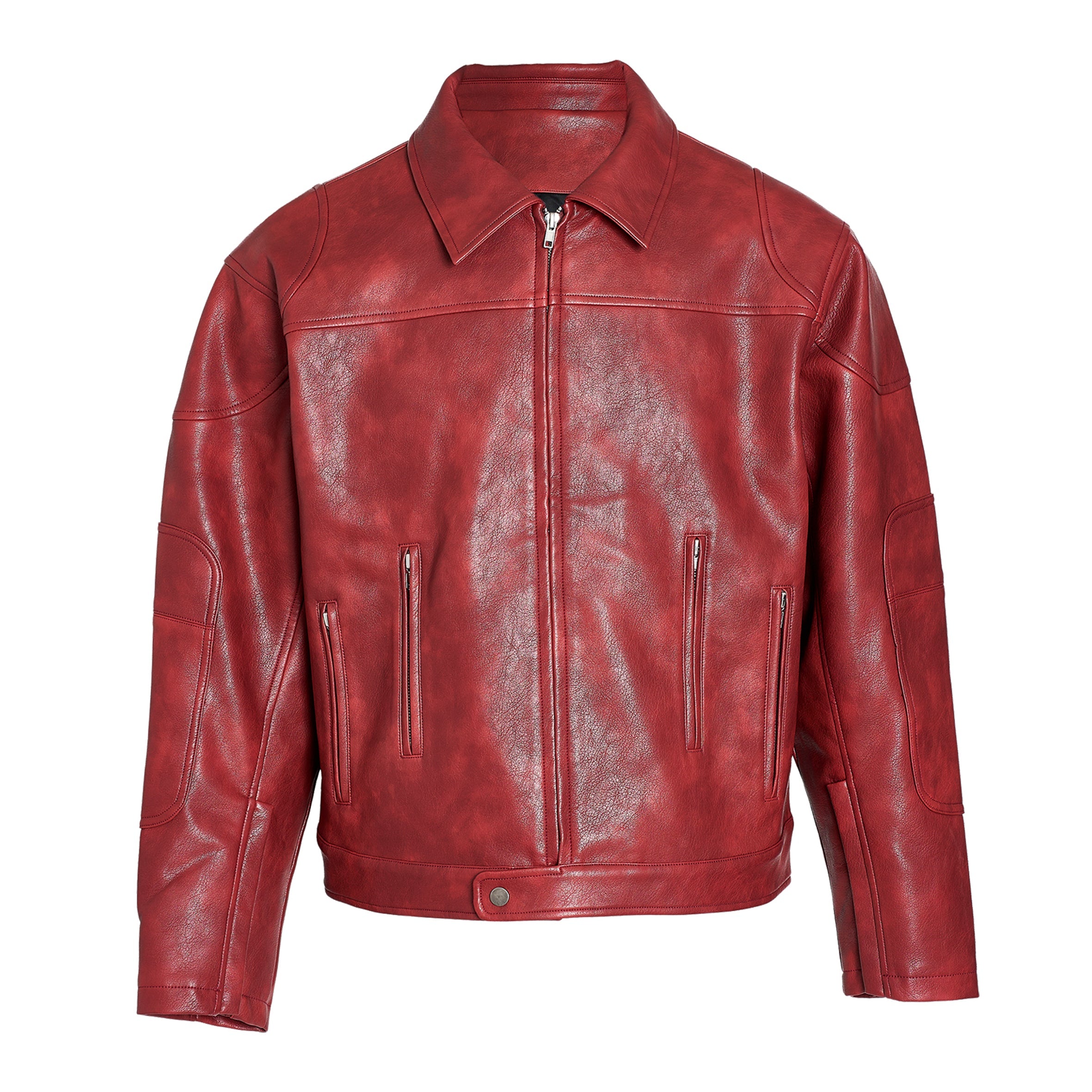 STEEPC Aged Washed Burgundy Red Short Leather Jacket
