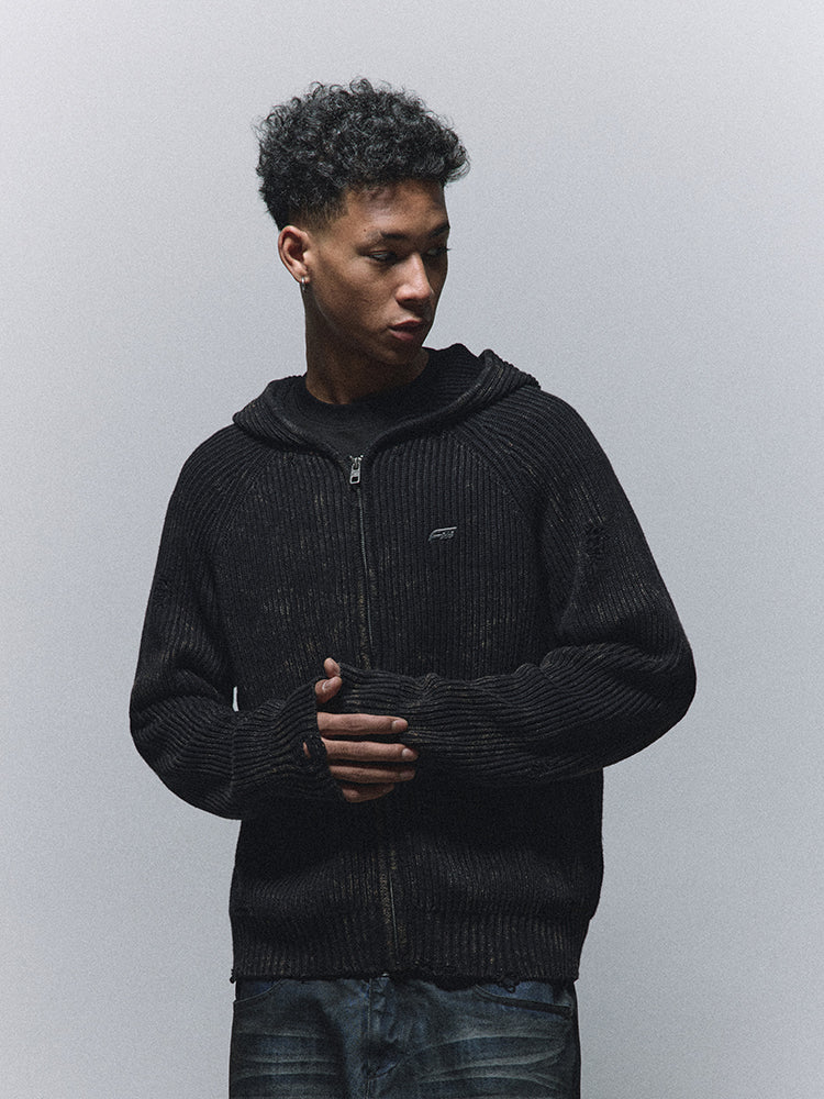 ANTIDOTE Washed Destruction Zip Up Knit Hoodie