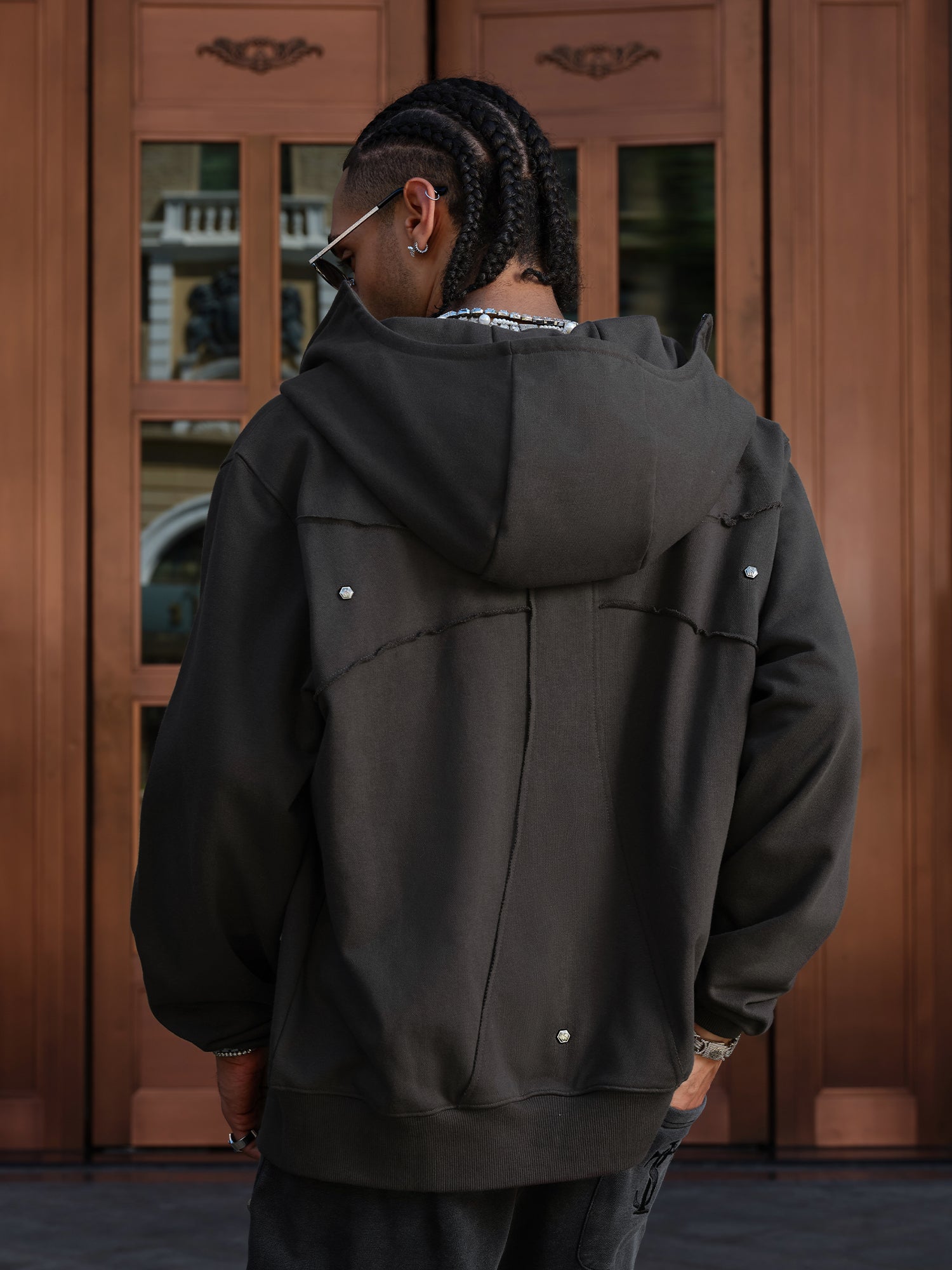 Small Town Kid Studded Cross Patch Zip Up Hoodie