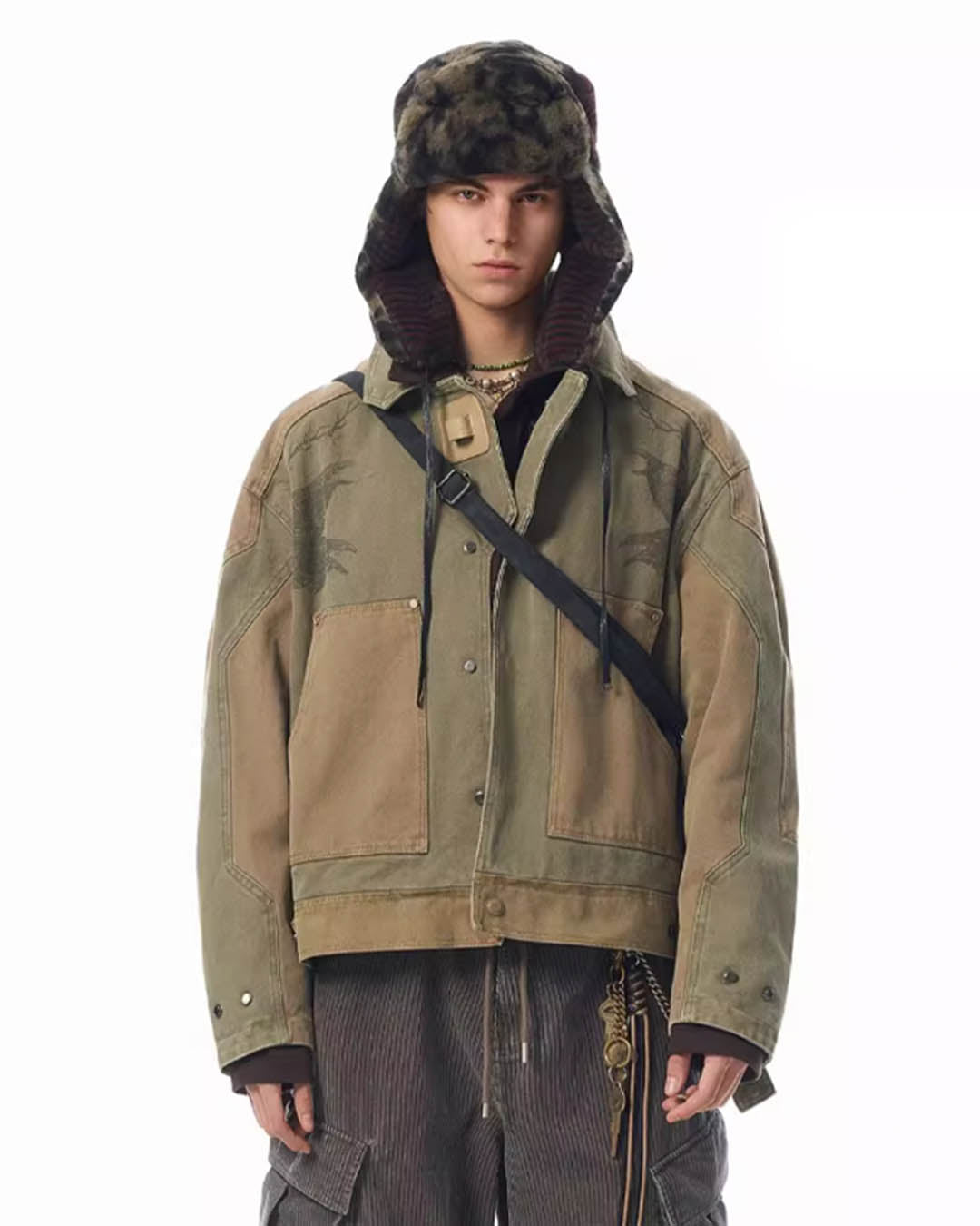 JHYQ Contrast Color Stitching Printed Canvas Work Jacket