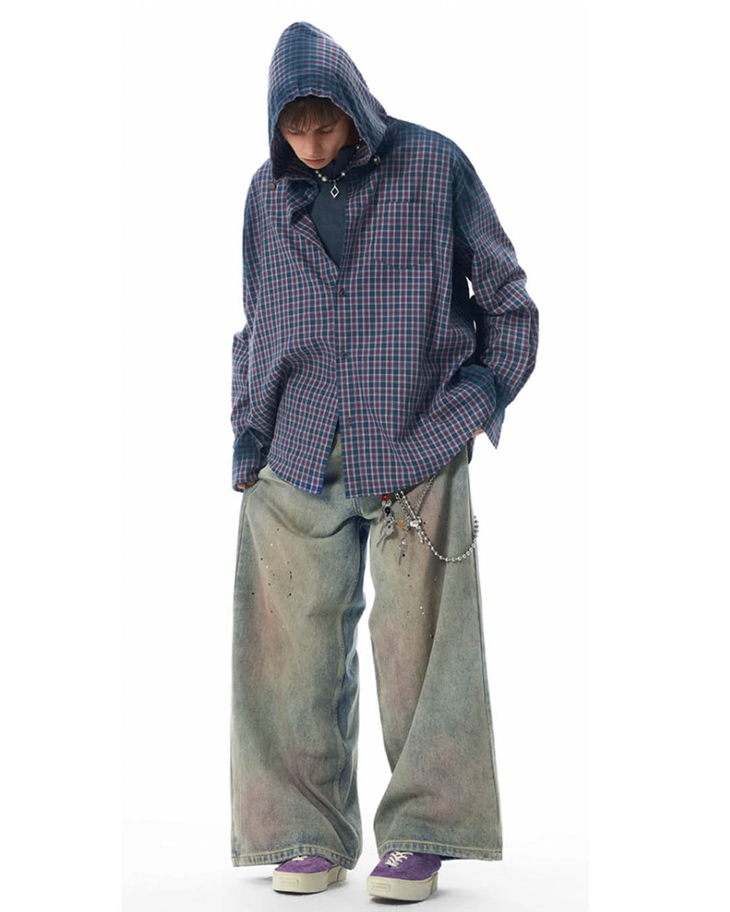 JHYQ Gradation Plaid Hooded Long Sleeved Shirt