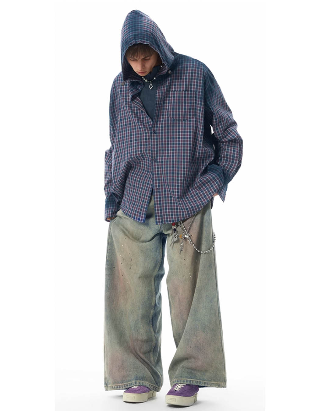 JHYQ Gradation Plaid Hooded Long Sleeved Shirt