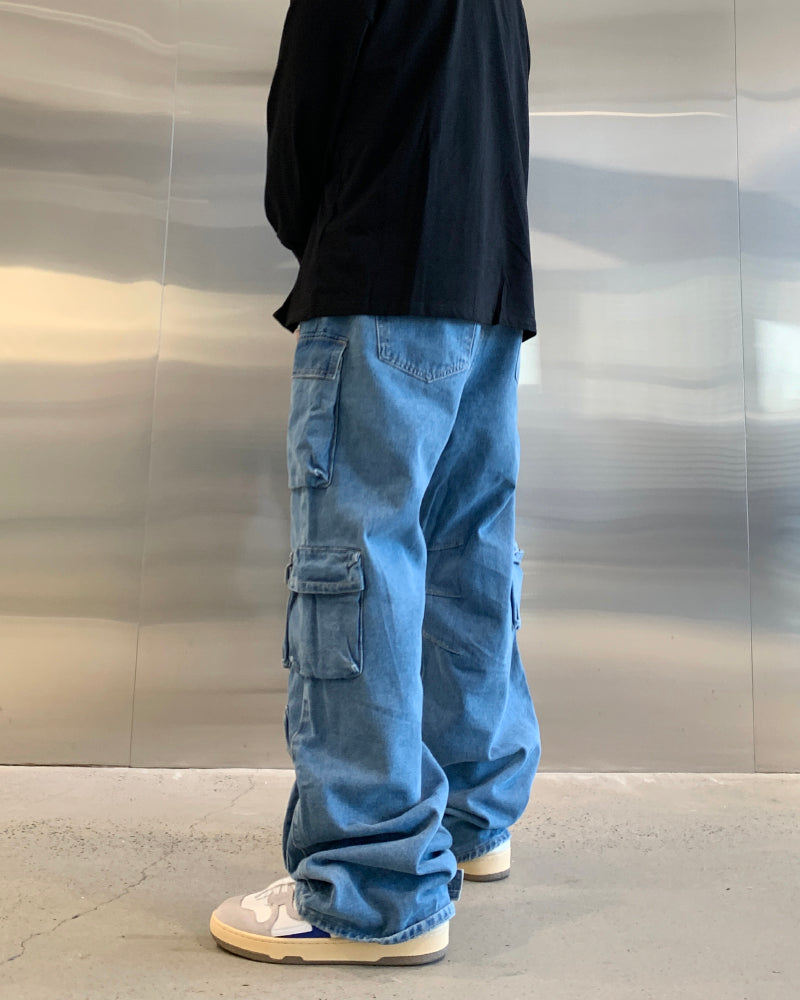 F3F Select Multi Pocket Washed Denim Cargo Pants