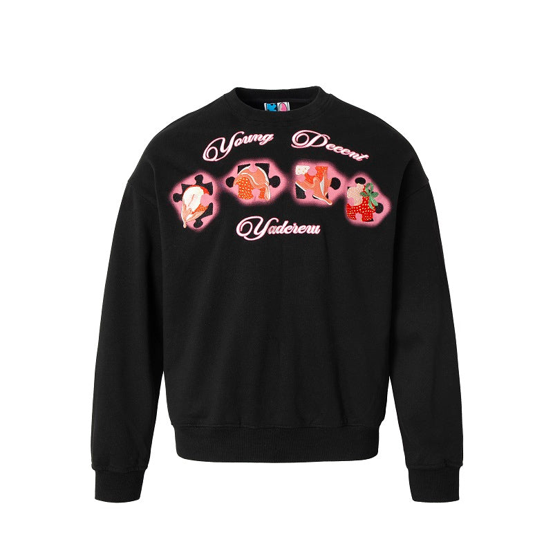 YADcrew Cream Strawberry Puzzle 3D Embroidery Sweatshirt