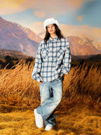 YADcrew Imitation Paper Plaid Pleated Long Sleeve Shirt