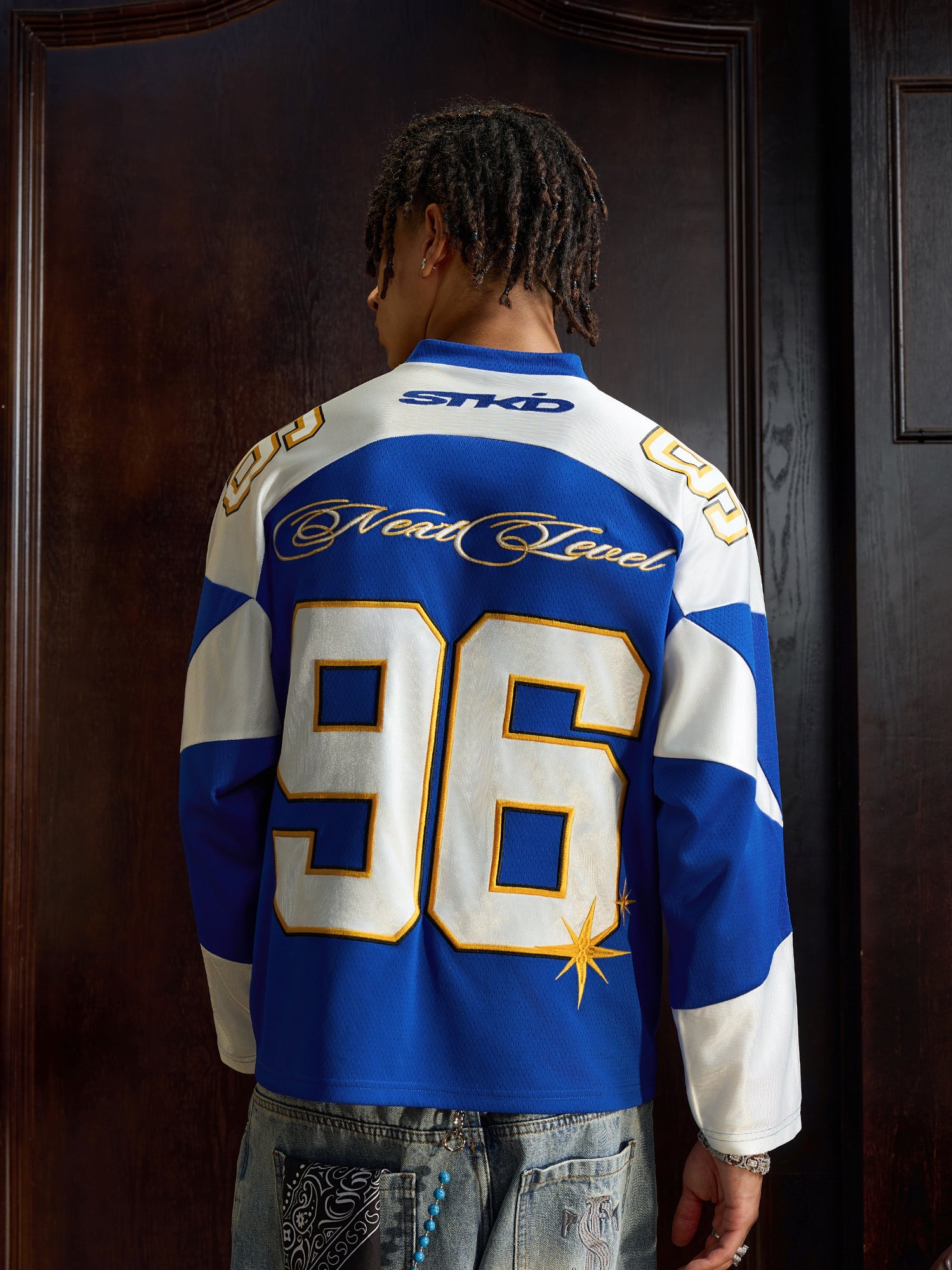 Small Town Kid Patchwork Mesh Long Sleeve Hockey Jersey