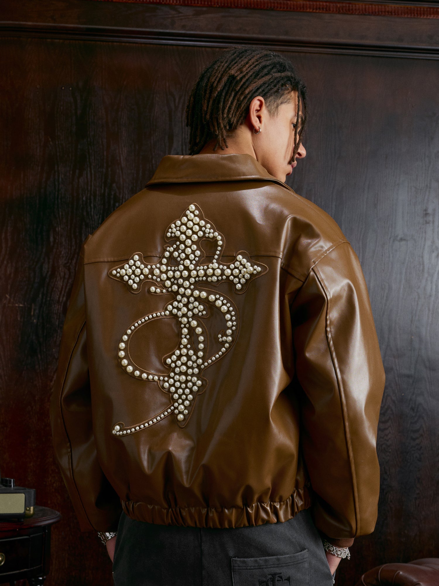 Small Town Kid Pearl Cross Logo PU Leather Racing Jacket
