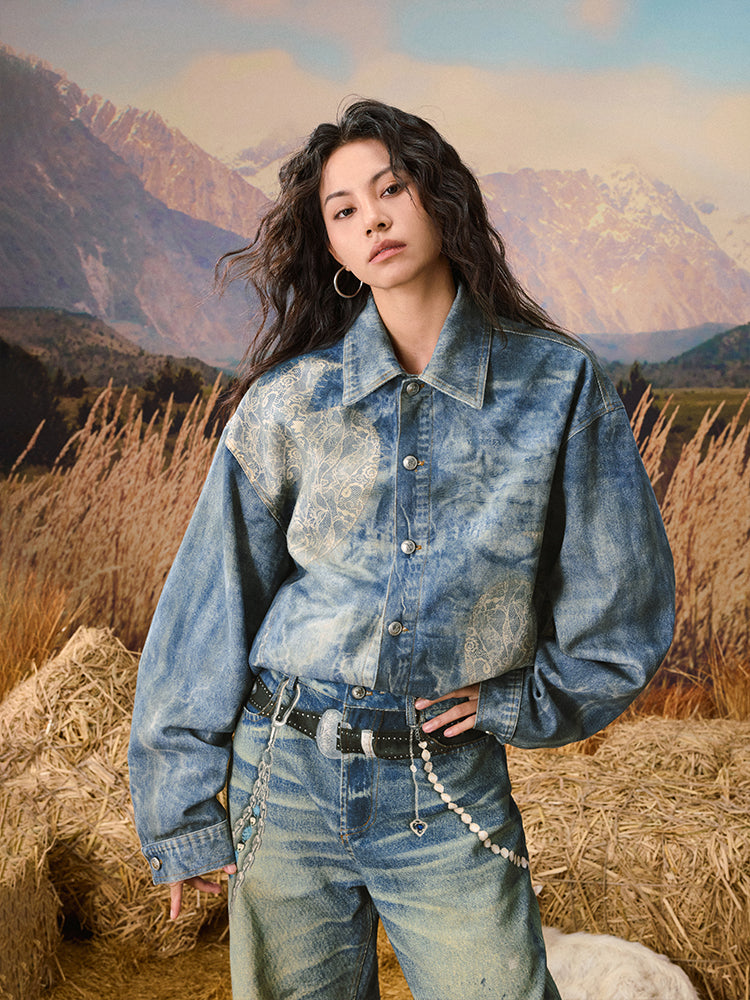 YADcrew Lace Peace Dove Faux Distressed Washed Print Denim Jacket