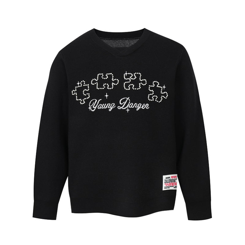 YADcrew Puzzle Pearl Jacquard Slogan Knit Sweater