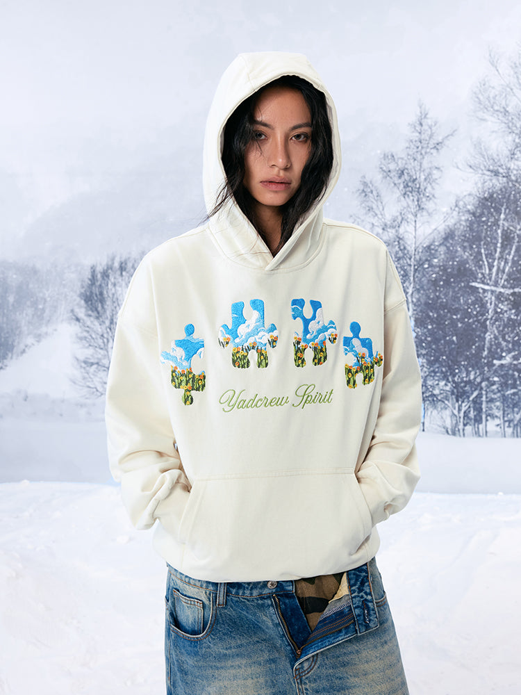 YADcrew Blue Sky Flower Puzzle Embroidery Hoodie