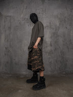 UNDERWATER Double Layer Damage Camo Cargo Denim Shorts | Baggy Jorts