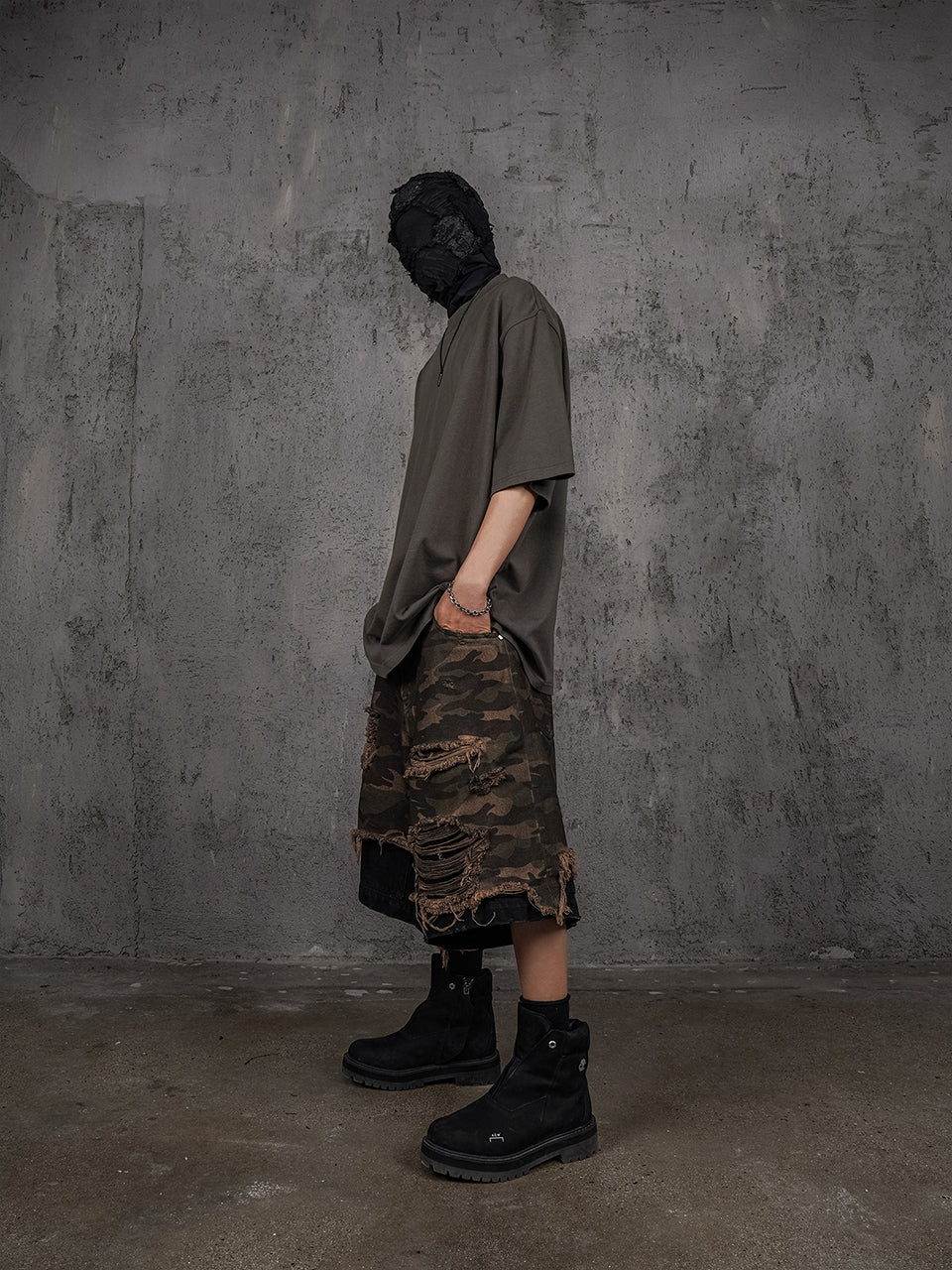 UNDERWATER Double Layer Damage Camo Cargo Denim Shorts | Baggy Jorts