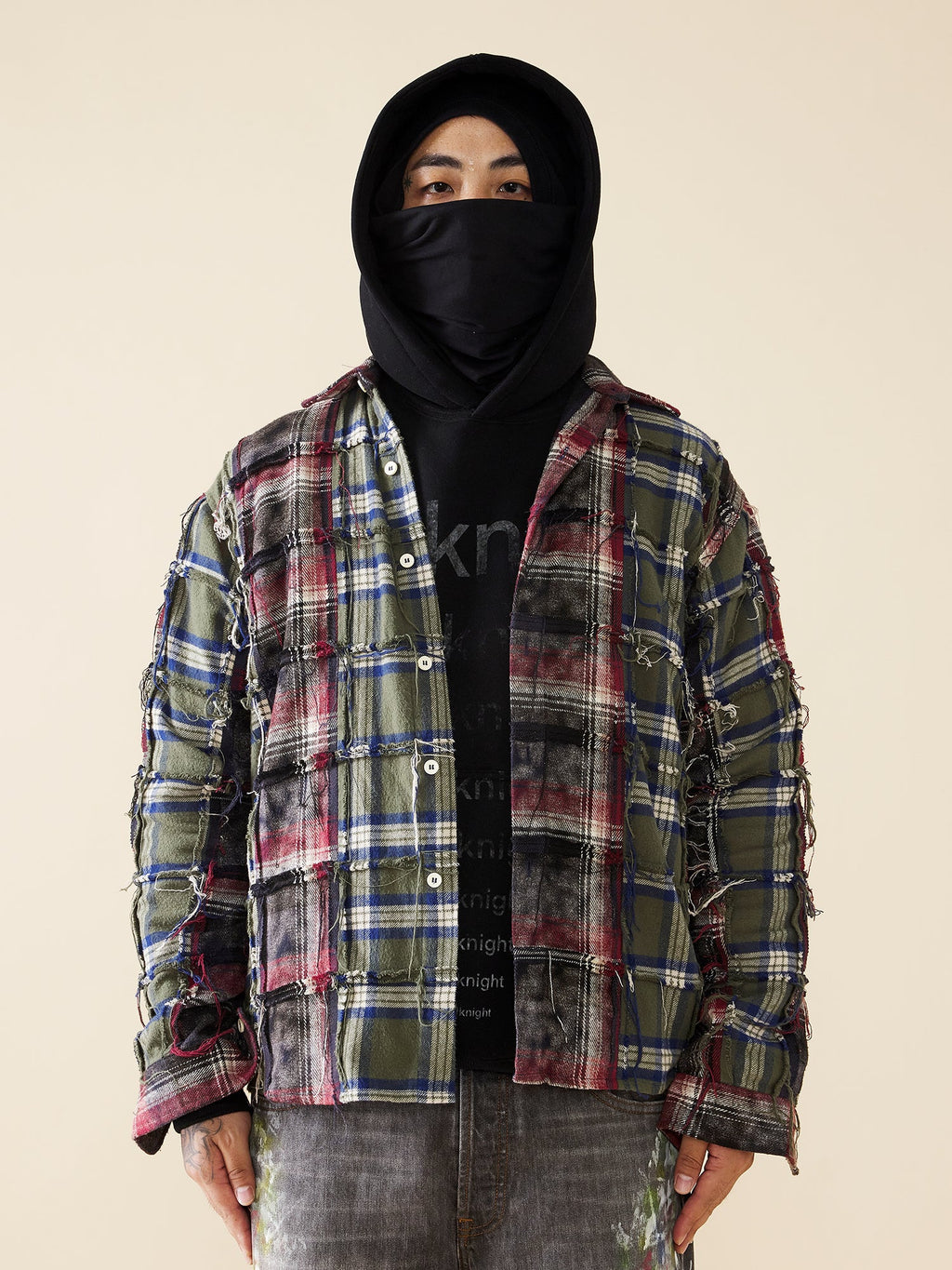 EVILKNIGHT(EK) Color Blocking Plaid Long Sleeve Shirt