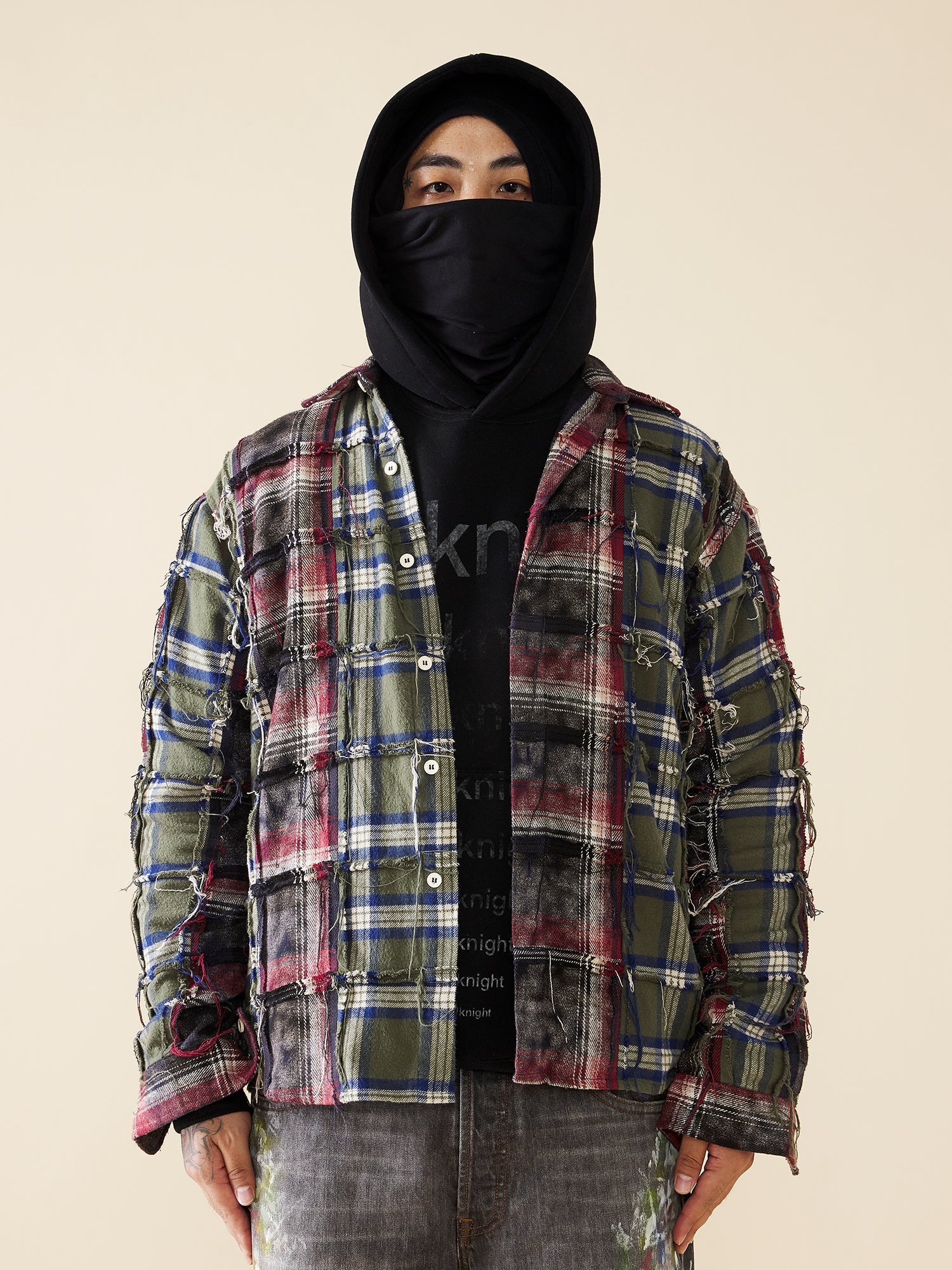 EVILKNIGHT(EK) Color Blocking Plaid Long Sleeve Shirt