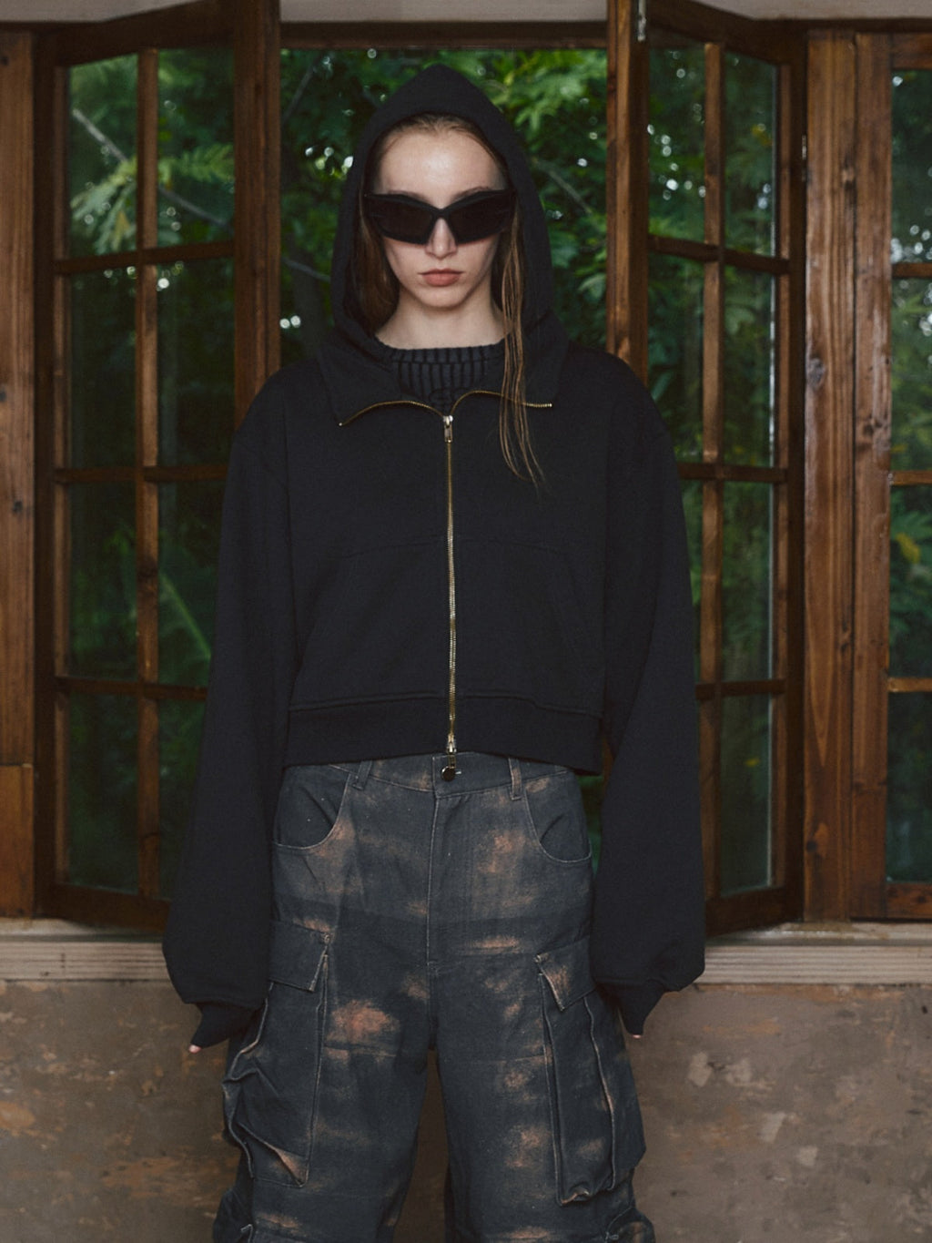 STEEPC Fake Two Piece Collar Boxy Crop Zip Hoodie