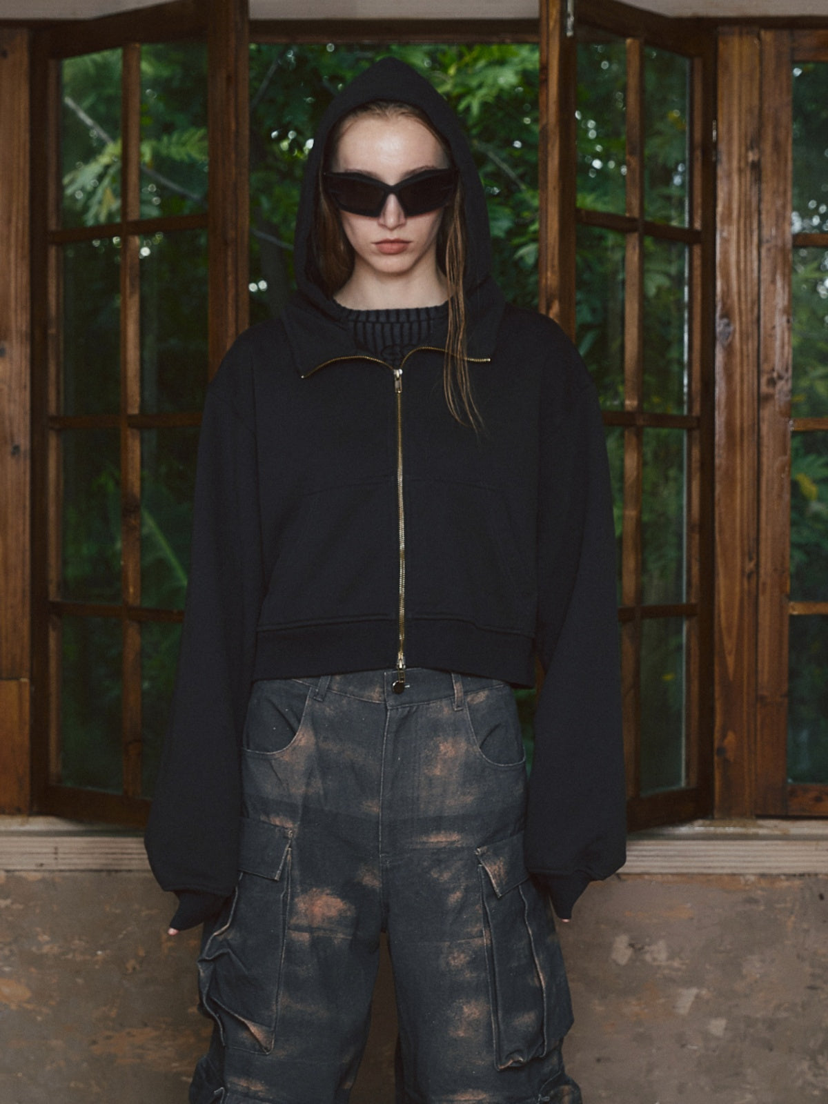 STEEPC Fake Two Piece Collar Boxy Crop Zip Hoodie