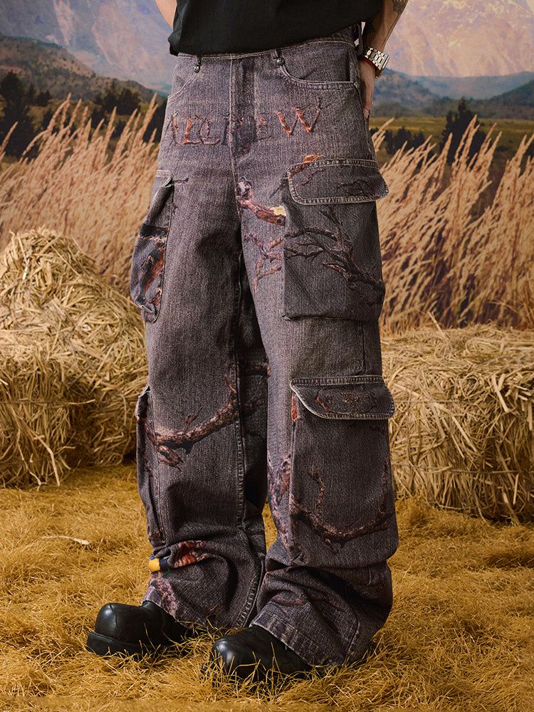 YADcrew Autumn Forest Tree Branch Print Baggy Cargo Jeans