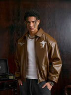 Small Town Kid Pearl Cross Logo PU Leather Racing Jacket