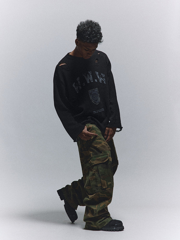 ANTIDOTE Hole Breaking Badge Printed Knit Sweater