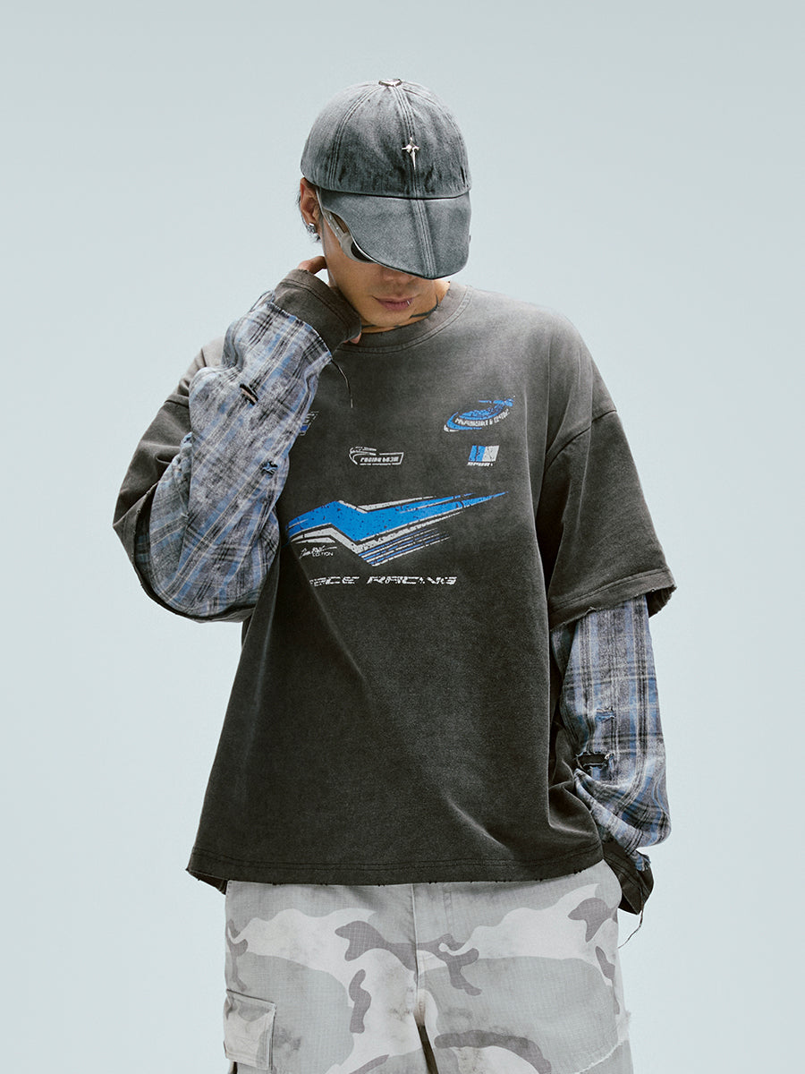 F2CE Washed Racing Patchwork Crackle Printed Long Sleeve Tee
