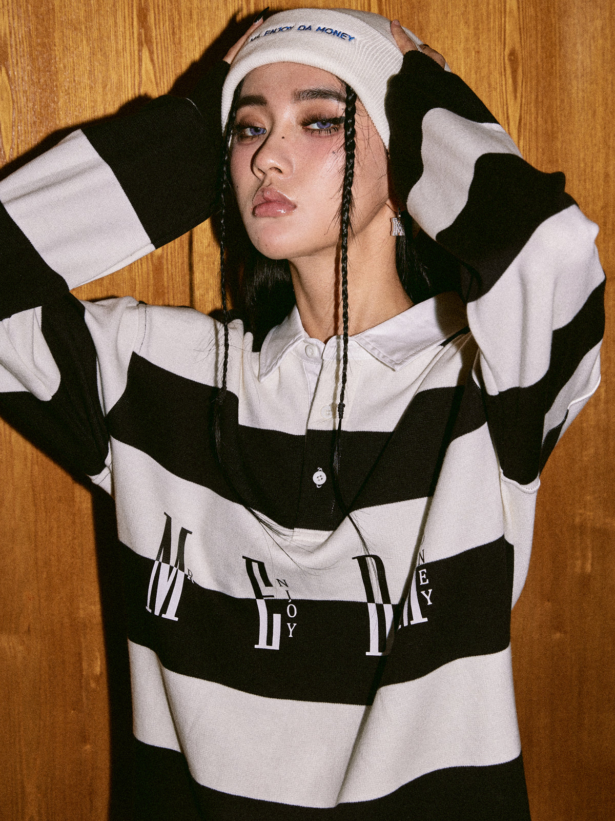 MEDM Striped Logo Long Sleeved Polo Shirt