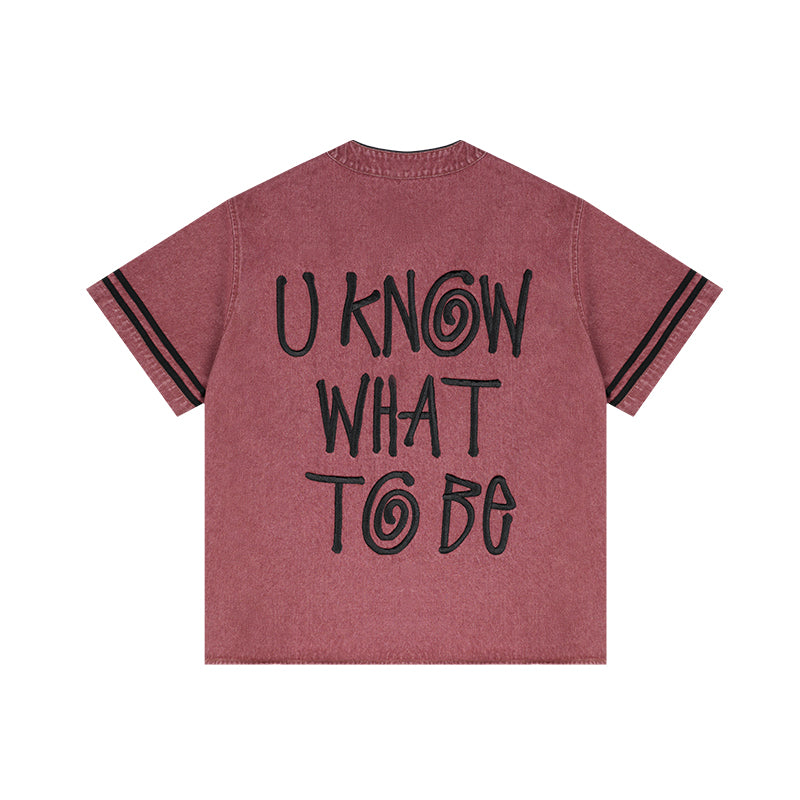 ANTIDOTE Embroidered Letters Denim Baseball Short Sleeve Shirt