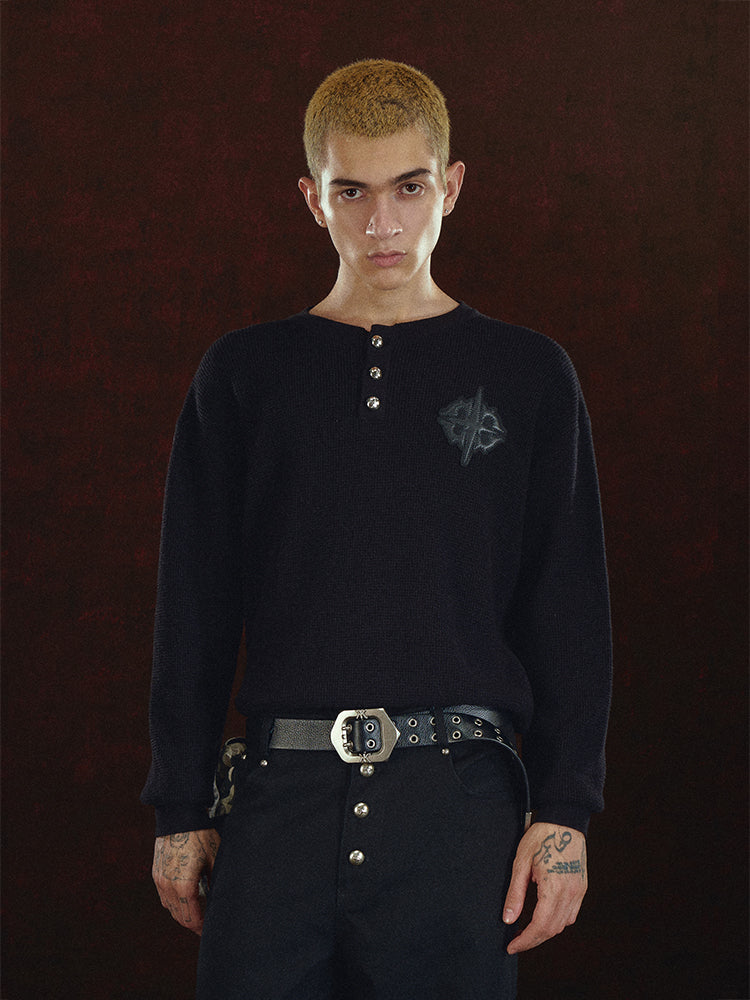 DICETINY Jacquard Leather Logo Metal Button Henry Neck Knit Sweater