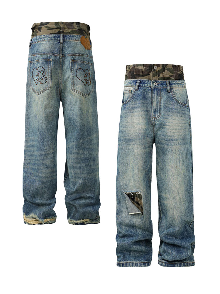 YADcrew Camouflage Splicing Double Waistband Baggy Jeans