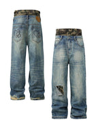 YADcrew Camouflage Splicing Double Waistband Baggy Jeans