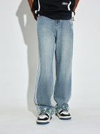 DICETINY Side Striped Floral Embroidered Washed Jeans