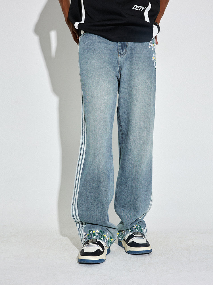 DICETINY Side Striped Floral Embroidered Washed Jeans