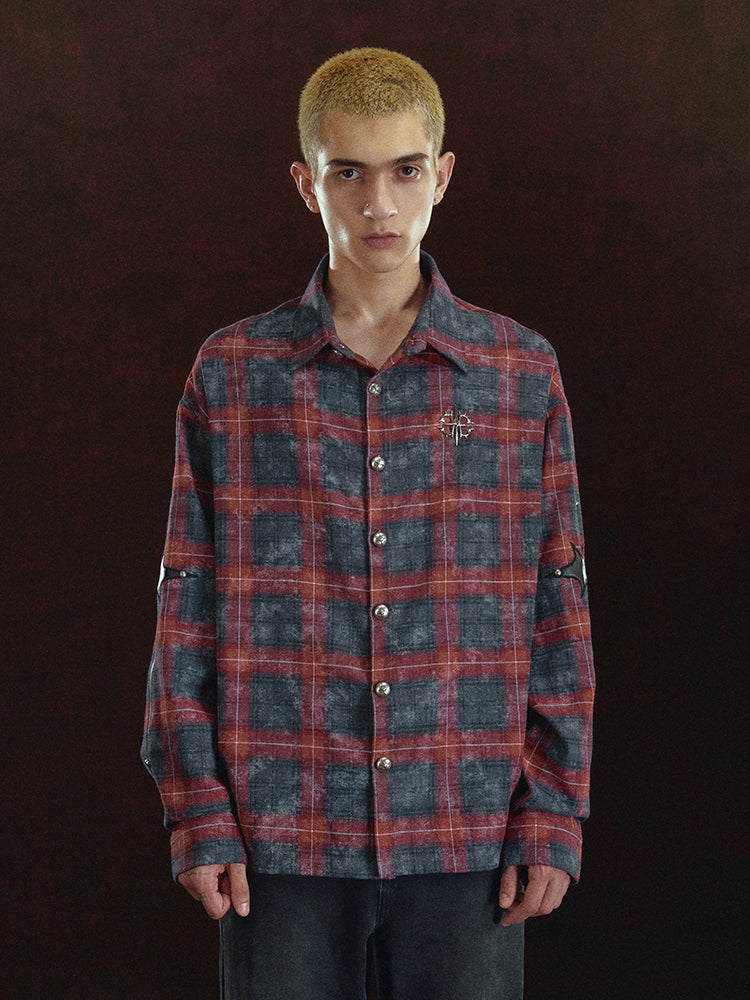 DICETINY Embroidered Leather Metal Logo Button Plaid Long Sleeved Shirt